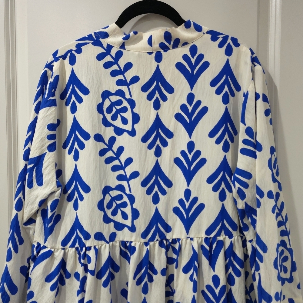 ZARA Cobalt Blue Botanical Print Long Sleeve V-Neck Tiered Babydoll Mini Dress - Picture 13 of 15